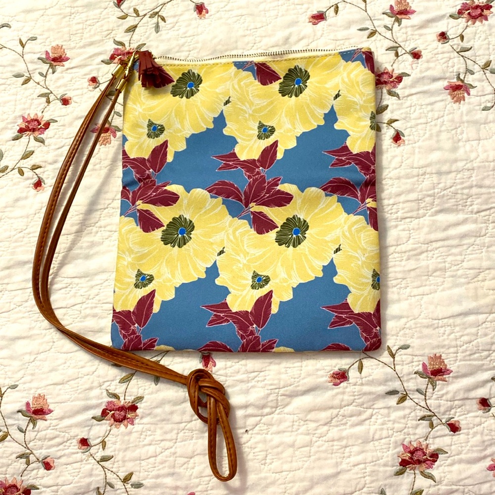 Rachel Pally Reversible Bloom Floral Clutch bag with a brown faux leather strap